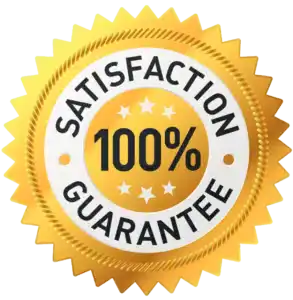 Gold badge with text "Satisfaction Guarantee 100%" and stars.