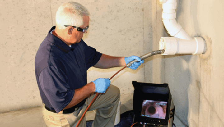 A person wearing blue gloves and protective eyewear inspects a pipe with a camera probe, viewing the feed on a nearby monitor in a basement setting.