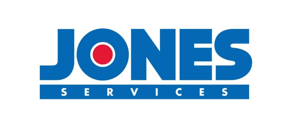 Logo of Jones Services with "Jones" in blue, featuring a red circle inside the "O." "Services" is written in white on a blue background below.