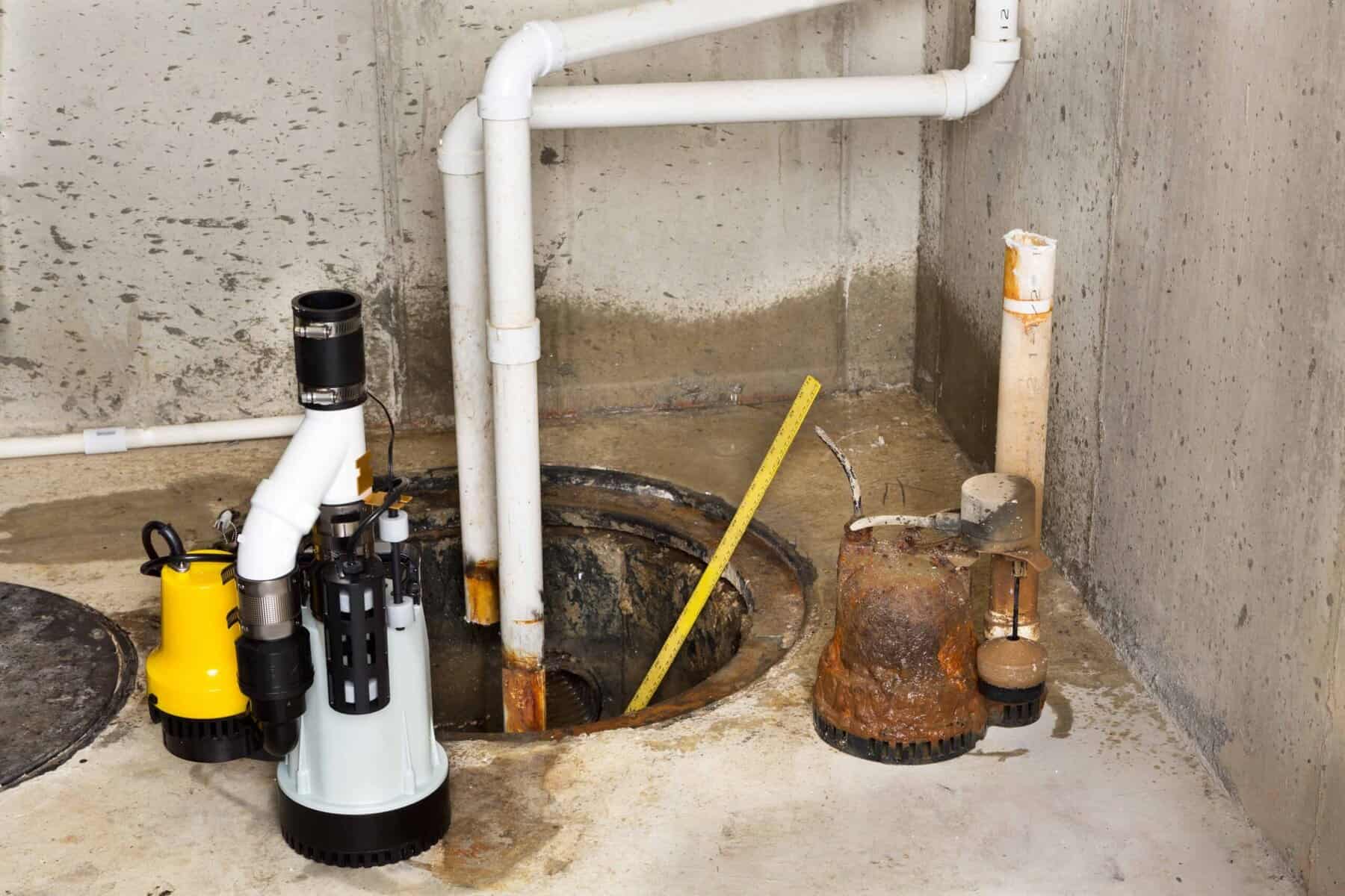 A sump pump system with two pumps, a yellow stick for measuring water level, and various pipes in a concrete basement corner.