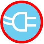A blue circle with a white electric plug icon, outlined in red.