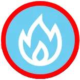 Icon of a white flame on a blue background, encircled by a red border.