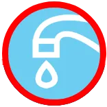 Icon of a faucet with a droplet against a blue background, encircled by a red border.