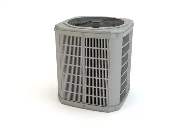 A gray outdoor air conditioning unit with a top fan and vented side panels, placed on a white background—ideal for Air Conditioning Repair demonstrations or service illustrations.