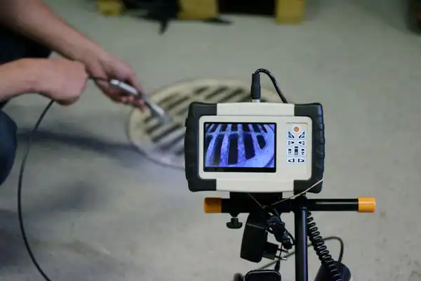 A person uses a Camera Inspection Service to examine the inside of a metal grate; the camera screen displays the view of the grate’s interior.