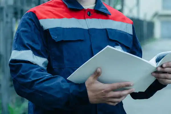 Wearing a blue and red uniform, a person stands outdoors in Goshen NY, holding and reviewing an open folder—possibly conducting an Electrical Safety Inspection.