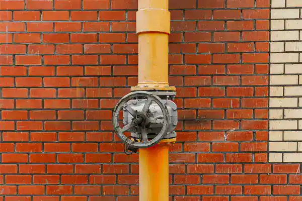 A yellow industrial pipe with a large metal valve wheel, typically used for gas line repair, mounted on a red brick wall.