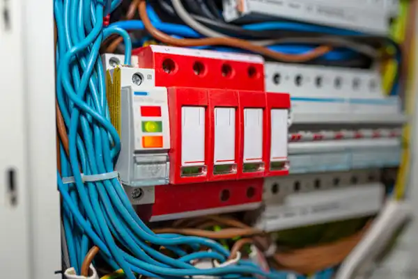 Close-up of an electrical panel in Goshen NY with blue wires and four red circuit breakers, one featuring a green, yellow, and red indicator light—highlighting essential home surge protection.
