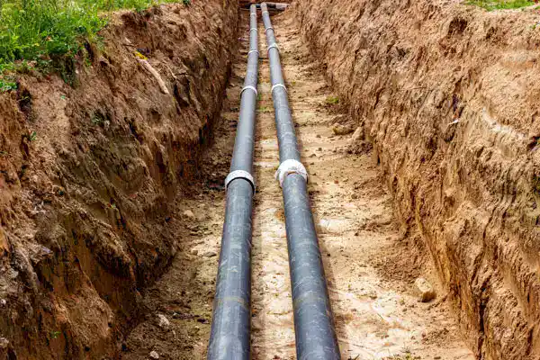 Two large black pipes are laid parallel in a narrow trench dug into the ground, showcasing a sewer line installation in Goshen NY, surrounded by dirt and some vegetation.