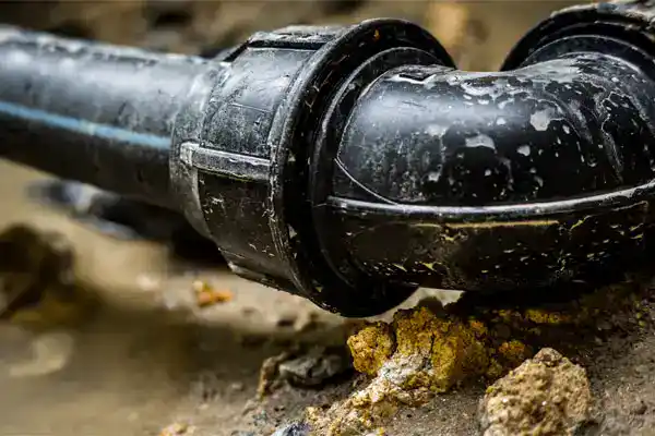 Close-up of a black plastic pipe with a connector, partially covered in dirt and surrounded by rocks and soil—an example of sewer line repair work in Goshen NY.
