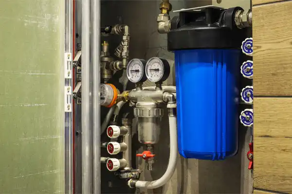 A water filtration system with pressure gauges, pipes, and a large blue filter installed in a cabinet—ideal for quality water filtration installation in Goshen NY.