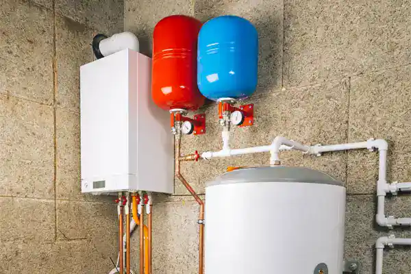 A wall-mounted boiler, two expansion tanks—one red and one blue—and a white hot water tank with connected pipes showcase a professional water heater installation in a utility room in Goshen NY.