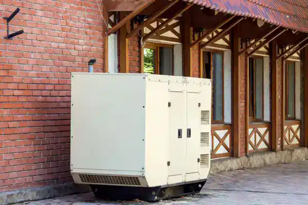 A large beige industrial generator, ideal for home generator installation, is positioned outside a brick building with several windows and a tiled roof.
