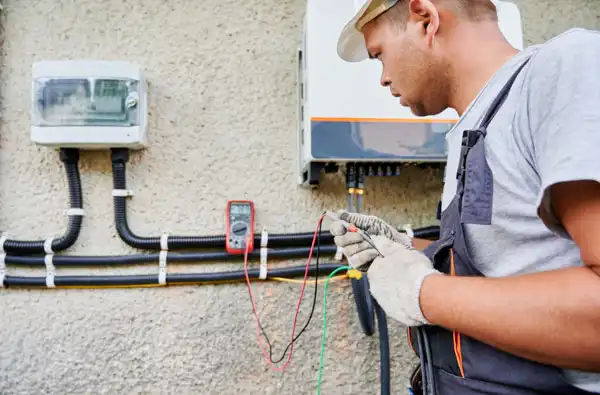 Electrician wearing gloves uses a multimeter to test electrical wiring on a wall-mounted circuit box during a home generator repair.