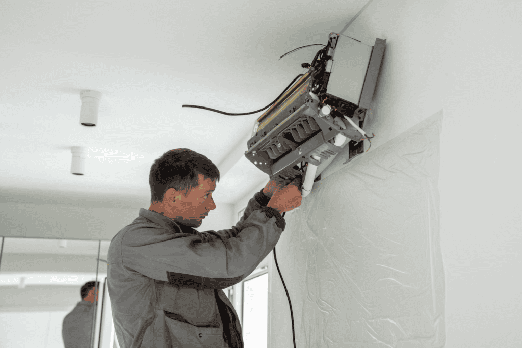 A technician in a gray uniform repairs an open wall-mounted mini split air conditioning unit, providing expert HVAC services in a modern room.