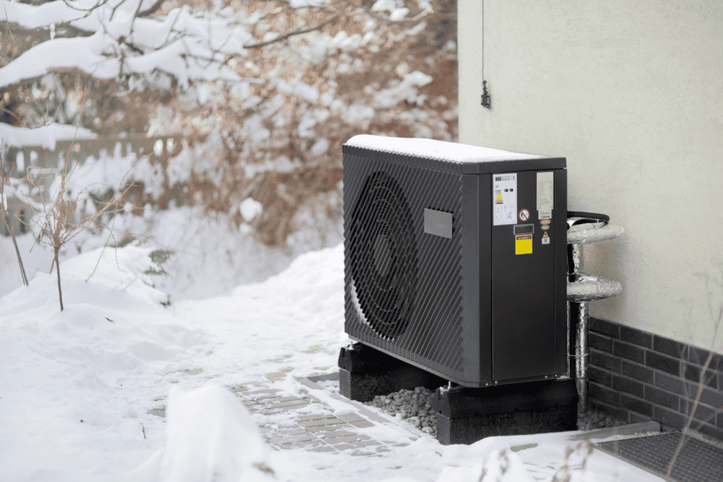 Outdoor heat pump unit covered in snow, providing efficient heating beside a building in a wintry landscape.