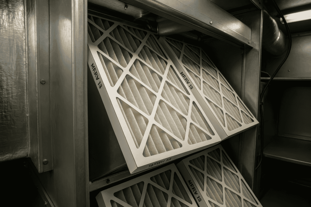 Close-up of multiple MERV 13 air filters installed at an angle inside a metallic HVAC system, showcasing indoor air quality solutions often paired with water filtration and plumbing services.