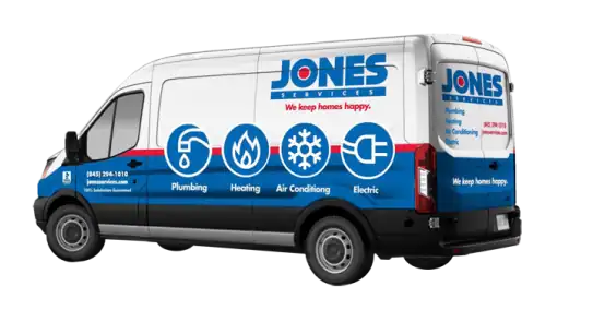 A Jones Services van featuring company branding and icons for plumbing, heating, air conditioning, and electric services. Slogan reads, "We keep homes happy.