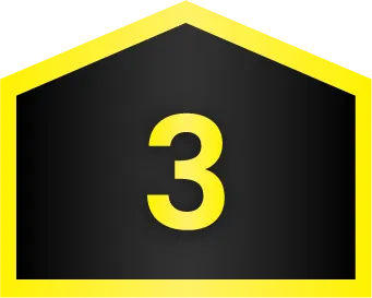 A yellow number three centered on a black pentagonal background outlined in yellow.