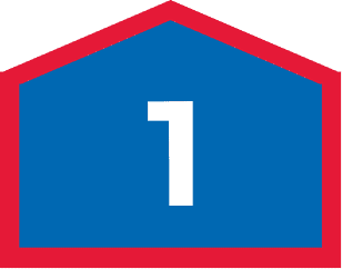 Blue house-shaped financing plan sign with a white number 1 and a red border.