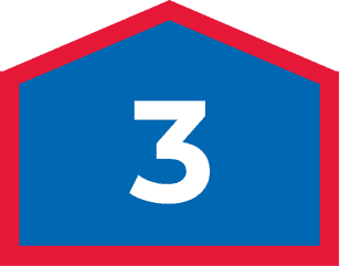 A blue house-shaped icon with a red outline containing the white number 3, representing a financing plan.